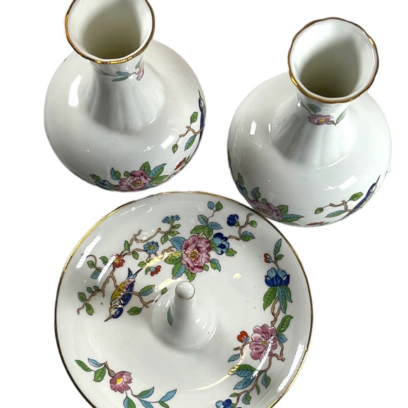 Vintage Aynsley Pembroke LOT 2 Vases & Ring holder Birds fine china England VG - Picture 6 of 7